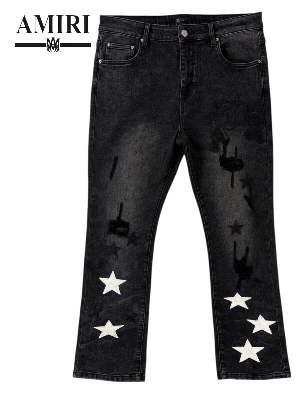 NWT AMIRI Distressed Black Jeans Style 3391 Size 34 Stars Gothic Embroidery